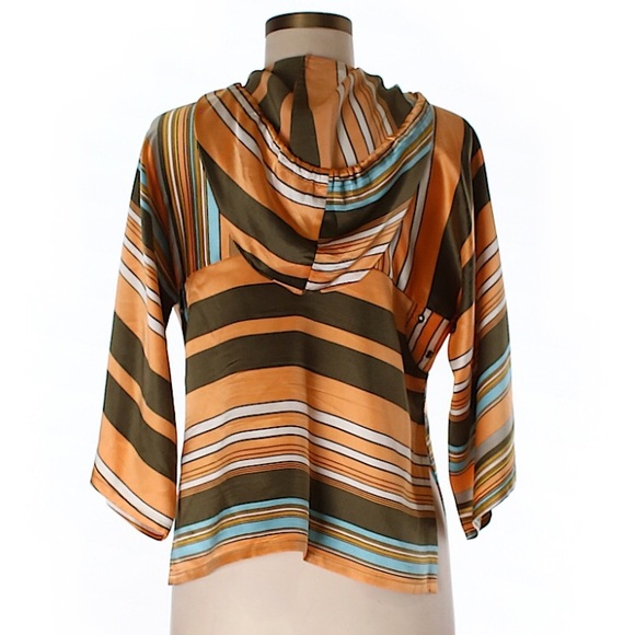SOLD Silk boho 70’s orange striped hooded poncho - Picture 2 of 3
